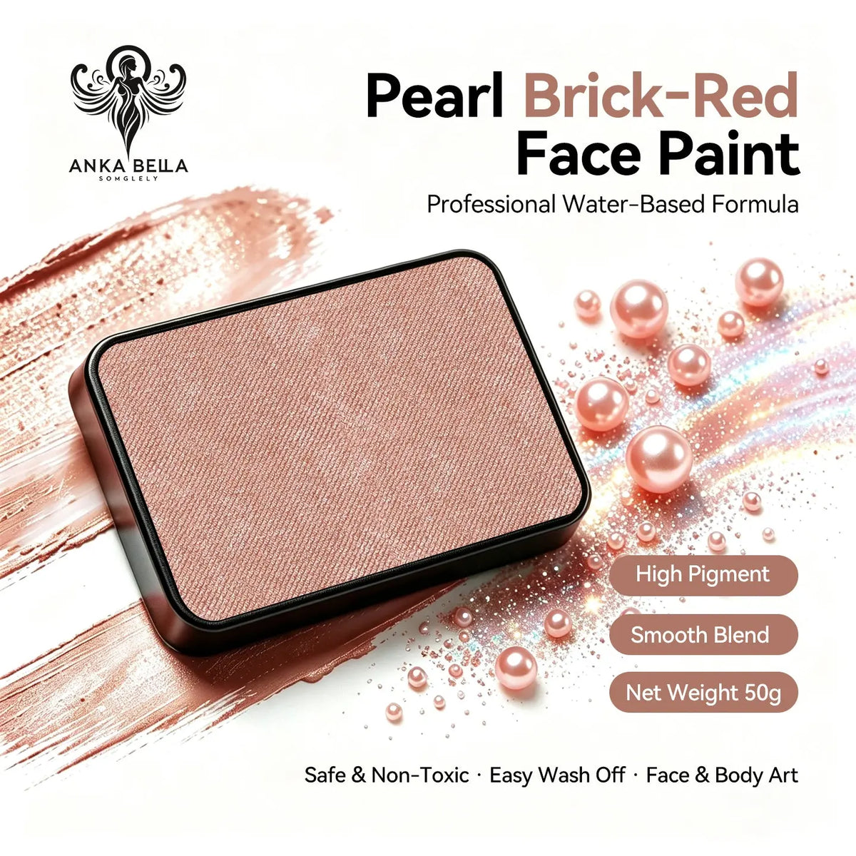 Anka Bella Pearl Brick‑Red solid face paint cake 50g water‑based professional face body art paint high pigment shimmer warm brick‑red pearl