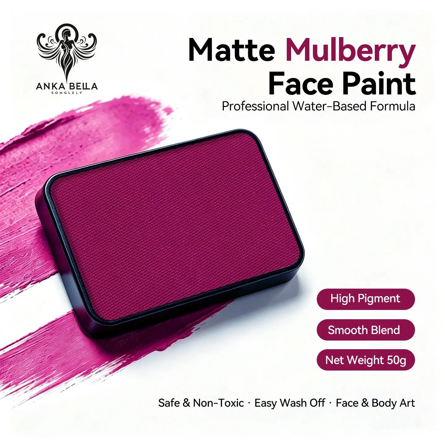 Anka Bella Matte Mulberry solid face paint cake 50g, professional water‑based high pigment deep mulberry magenta face and body art paint