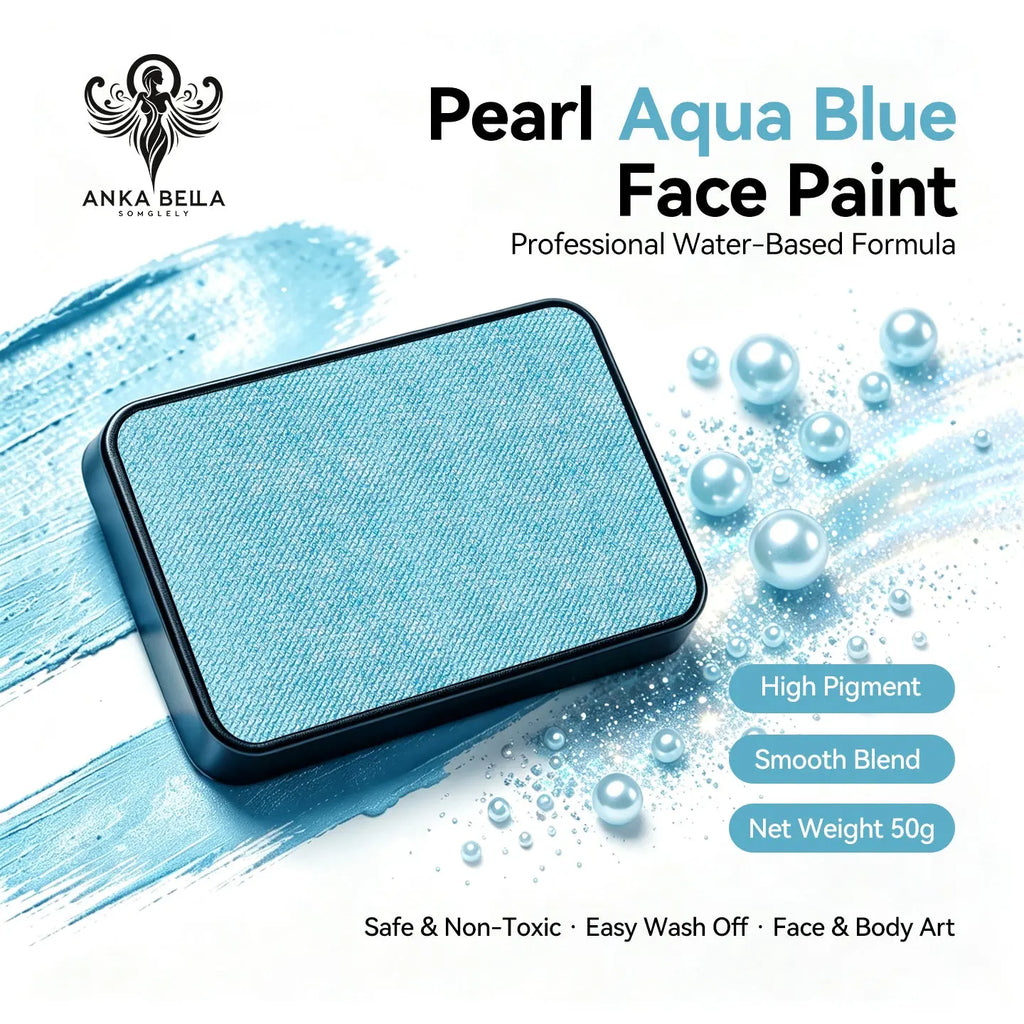 Anka Bella Pearl Aqua Blue Face Paint 50g, Water-Based Shimmer Non-Toxic Hypoallergenic Body Paint Cake for Halloween Festival Cosplay Anka Bella