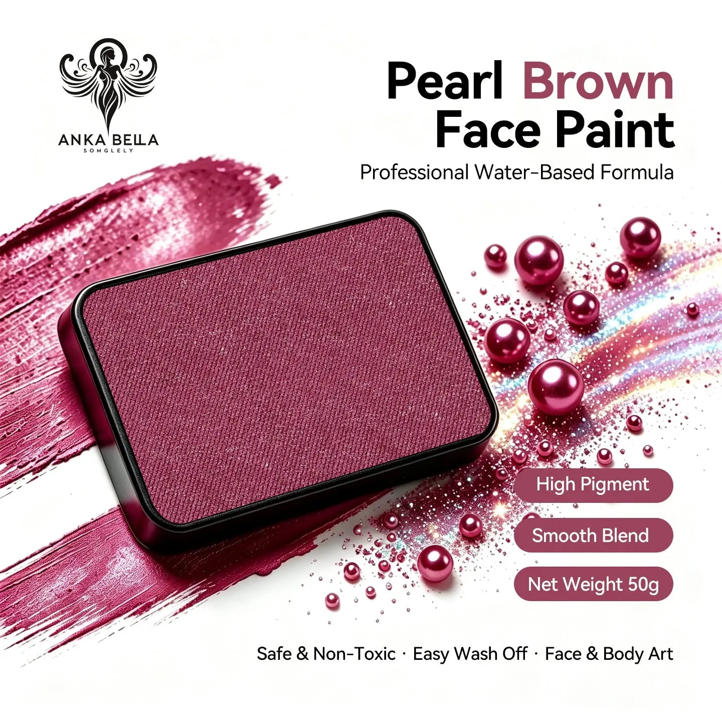 Anka Bella Pearl Brown solid face paint cake 50g, professional water-based high pigment shimmer burgundy-brown pearl face and body art paint