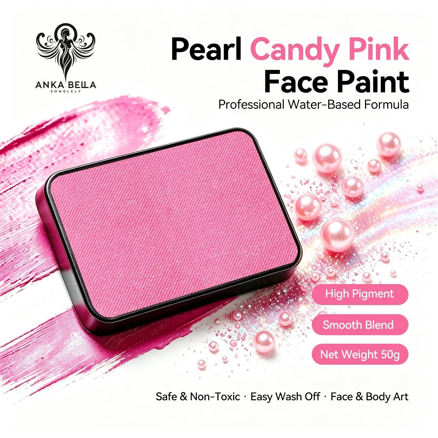 Anka Bella professional pearl candy pink face paint, skin friendly non-toxic hypoallergenic, FDA LHAMA CPC MSDS CPSR certified, size 80x50x17mm