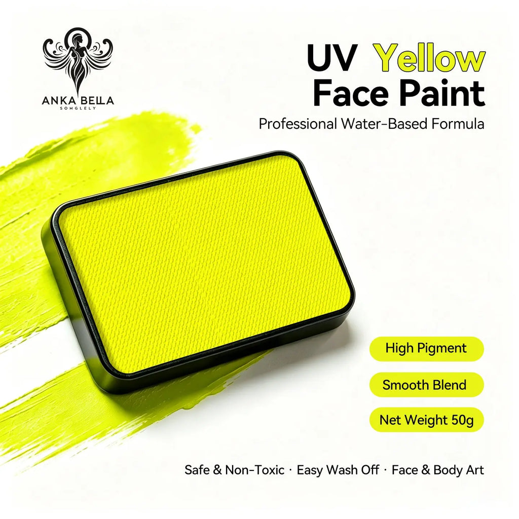 Anka Bella UV Yellow solid face paint cake 50g, professional water-based high pigment neon yellow face and body art paint