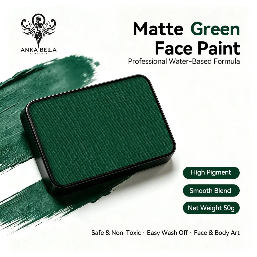 Anka Bella Matte Green solid face paint cake 50g, professional water‑based high pigment deep matte forest green face and body art paint