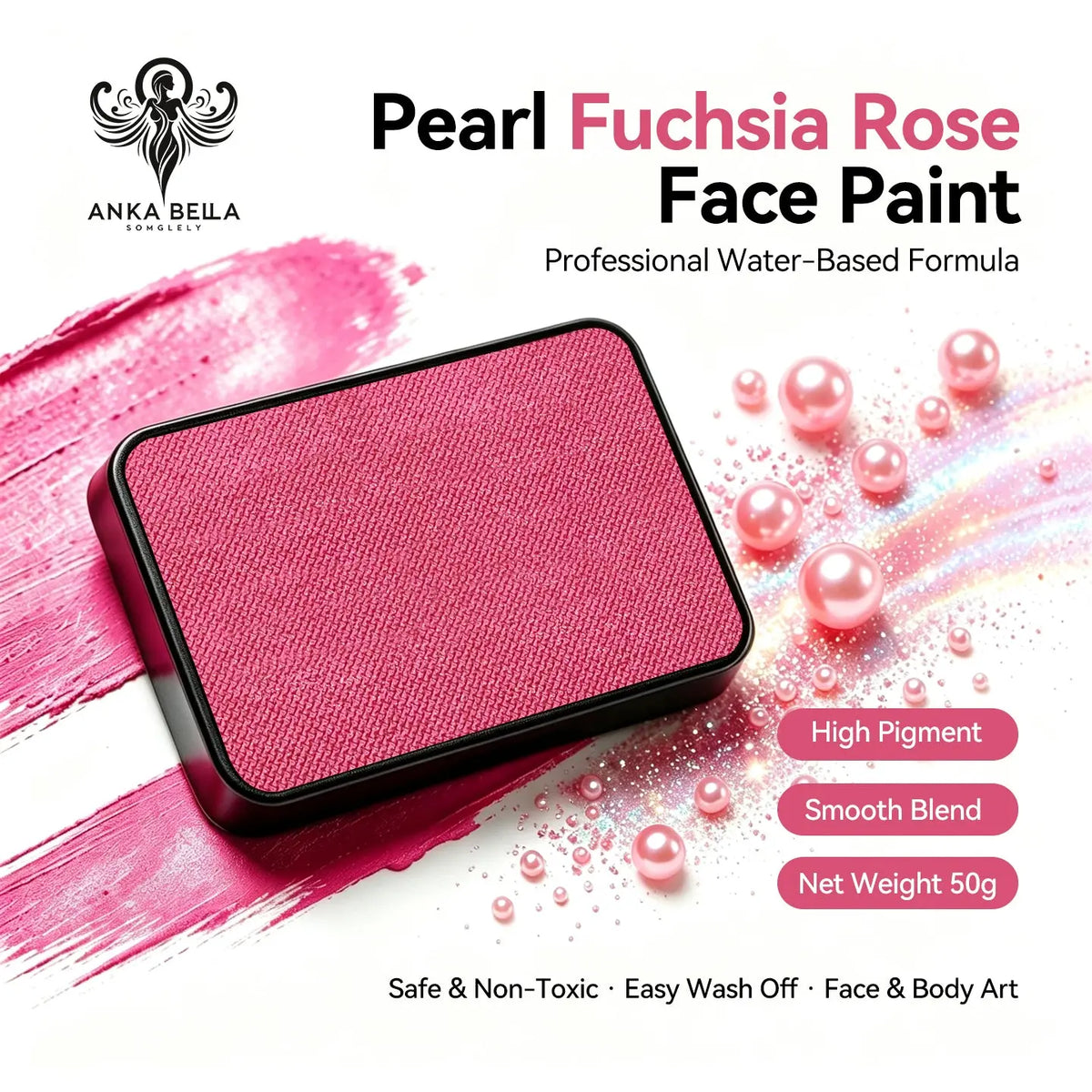 Anka Bella Pearl Fuchsia Rose solid face paint cake 50g, professional water-based high pigment shimmer pearl fuchsia rose face and body art paint