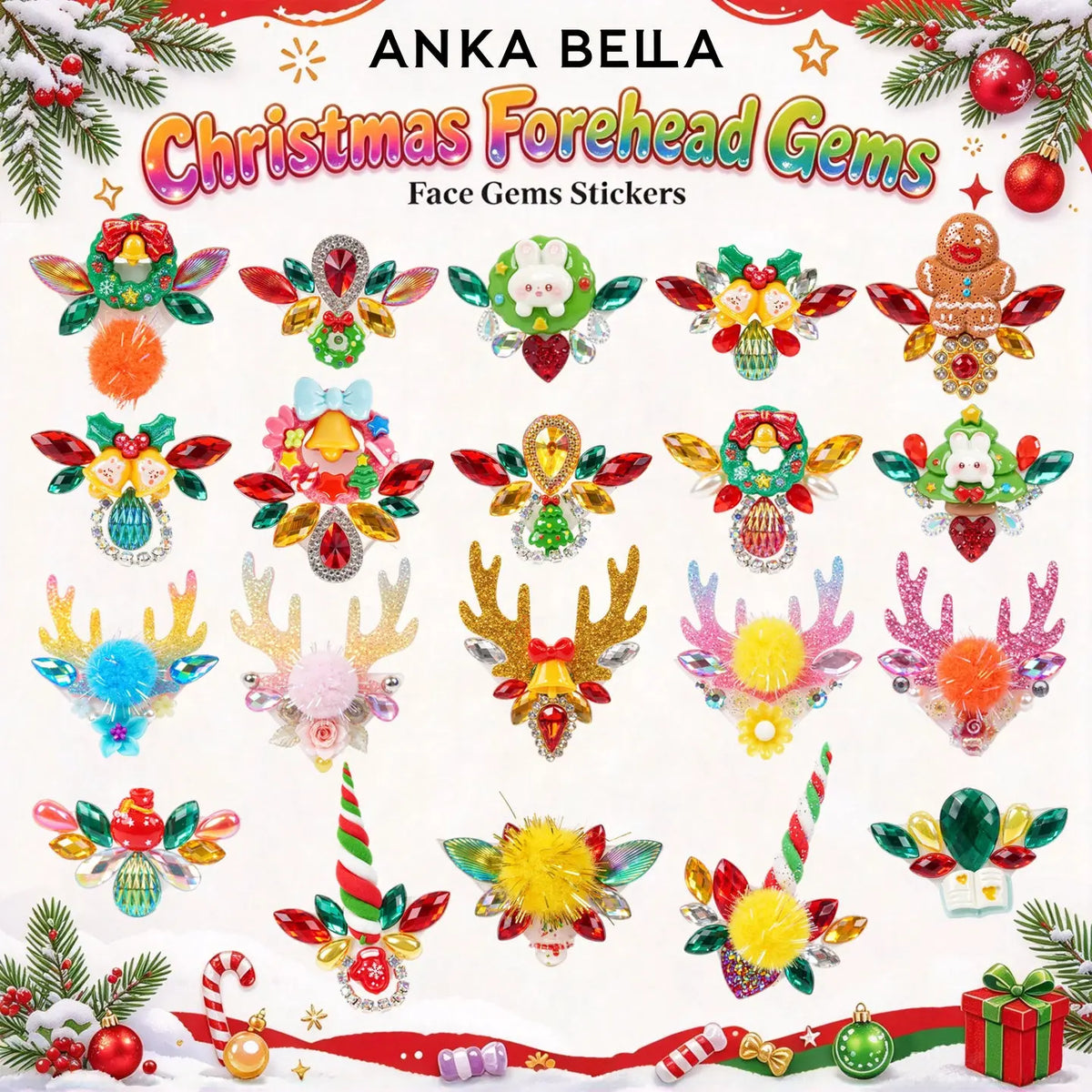 Anka Bella Christmas forehead gems mixed designs, reindeer gingerbread bell snowman self adhesive face gems stickers