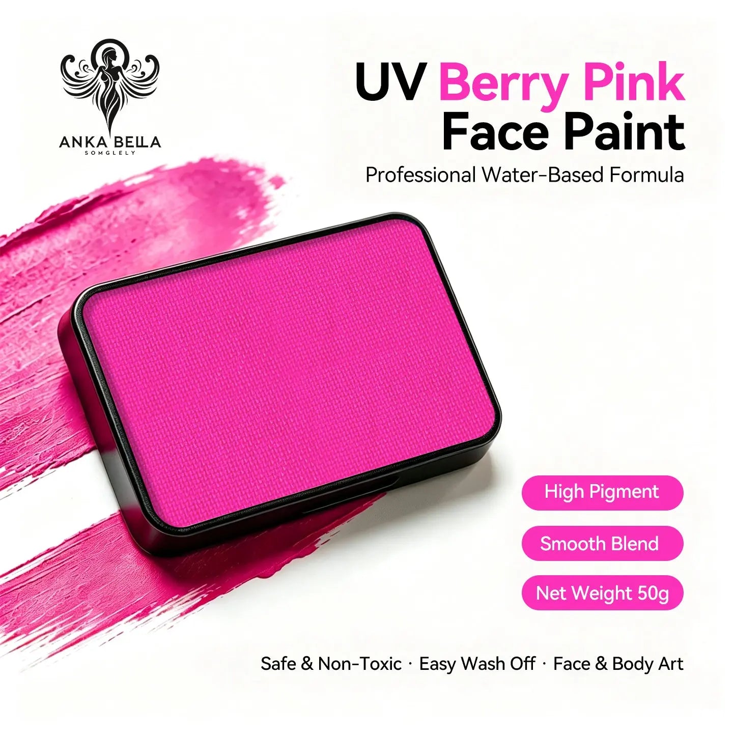 Anka Bella UV Berry‑Pink Solid Face Paint 50g, Water‑Based Non‑Toxic Hypoallergenic UV Glow Body Paint Cake for Professional Face Painters Rave Halloween Party Anka Bella