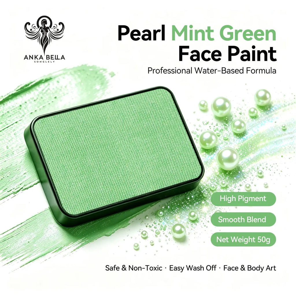 Anka Bella Pearl Mint Green solid face paint cake 50g, professional water-based high pigment shimmer fresh mint green pearl face and body art paint