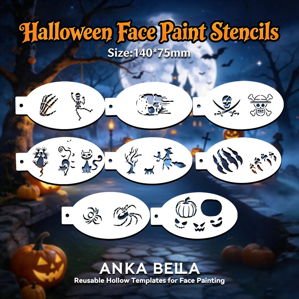 Full set Halloween face paint stencils collection, skeleton spider pirate patterns for party makeup