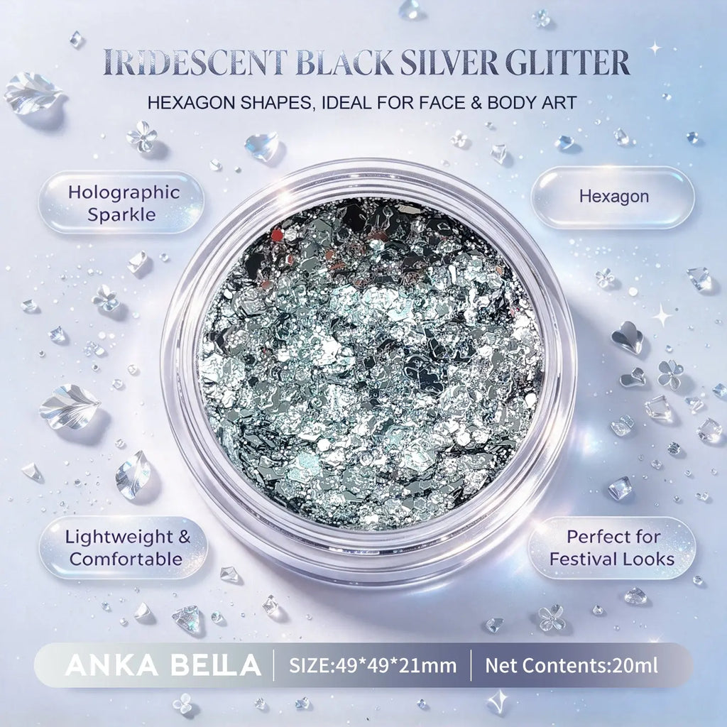 Anka Bella iridescent black silver holographic face body glitter jar, hexagon sequins for Halloween festival makeup