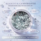 Anka Bella iridescent black silver holographic face body glitter jar, hexagon sequins for Halloween festival makeup