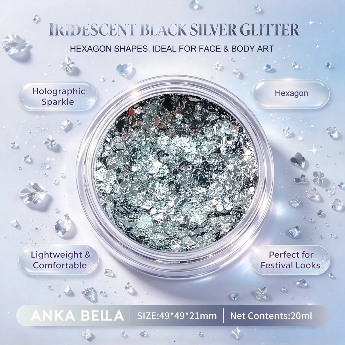 Anka Bella iridescent black silver holographic face body glitter jar, hexagon sequins for Halloween festival makeup