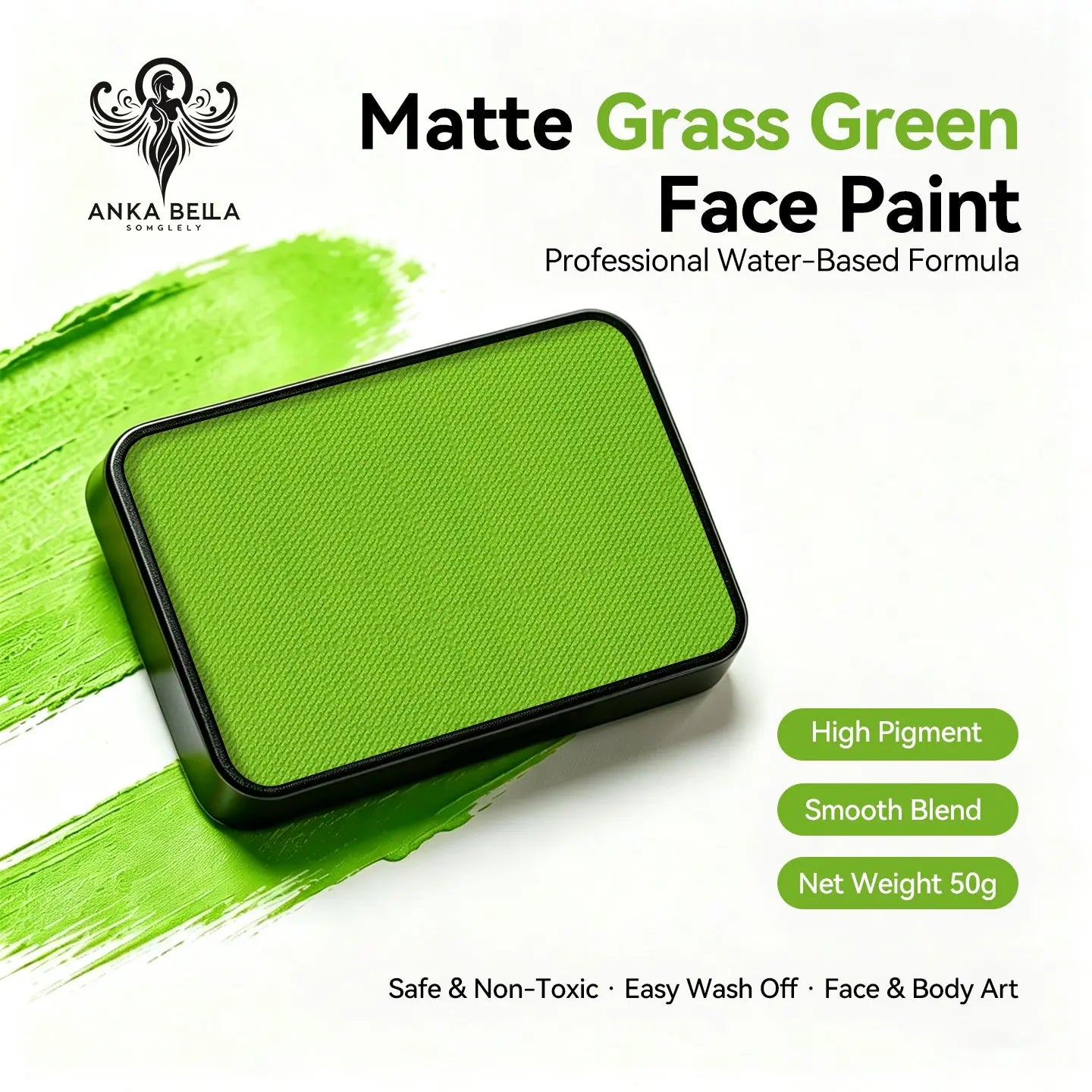 Anka Bella Matte Grass Green solid face paint cake 50g, professional water‑based high pigment vivid grass green face and body art paint