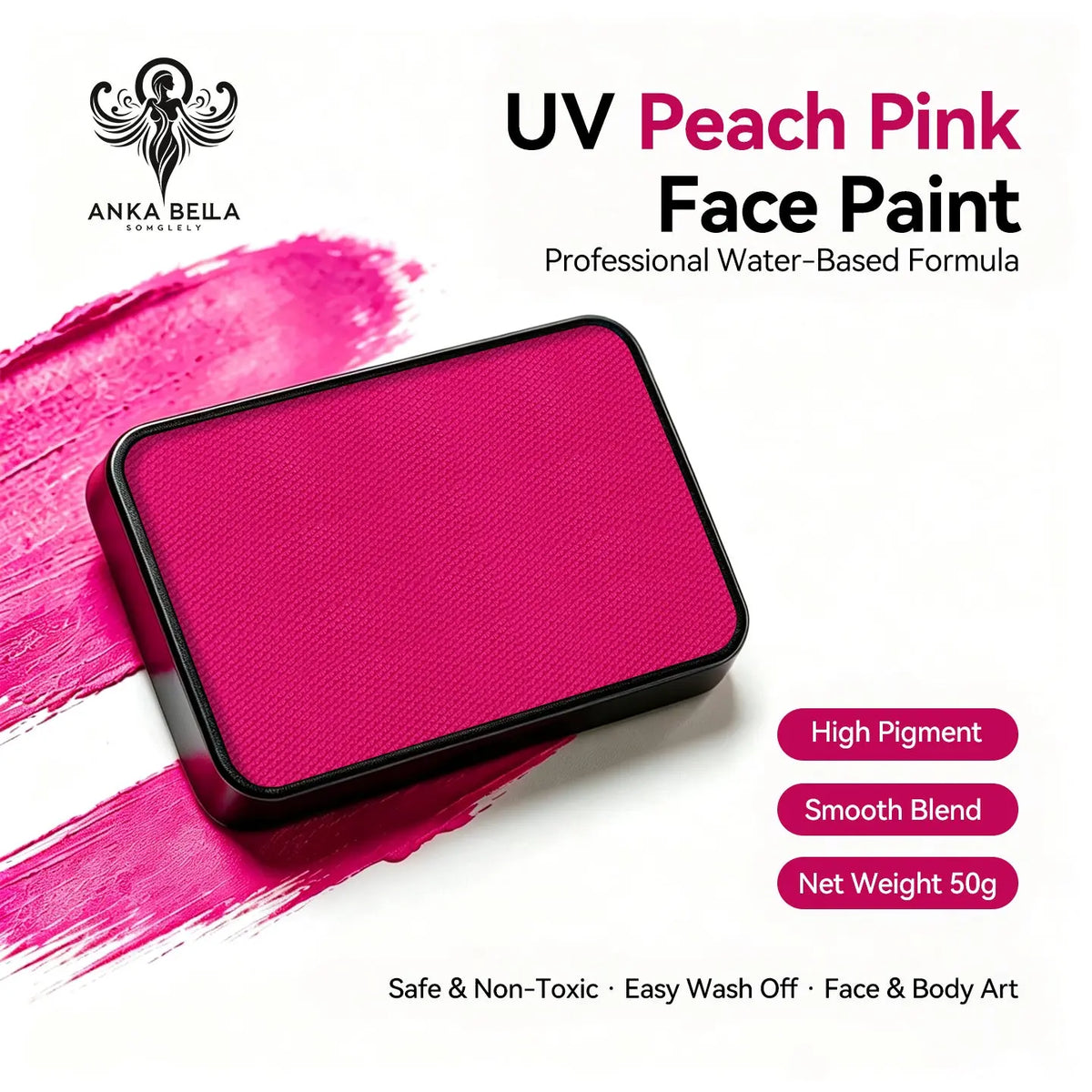 Anka Bella UV Peach Pink solid face paint cake 50g, professional water‑based high pigment UV reactive bright peach pink face and body art paint
