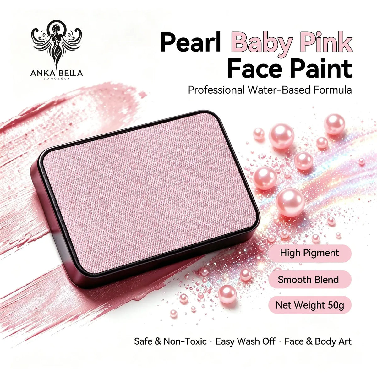Anka Bella Pearl Baby‑Pink solid face paint cake 50g water‑based professional face body art paint high pigment shimmer soft pastel pearl baby pink