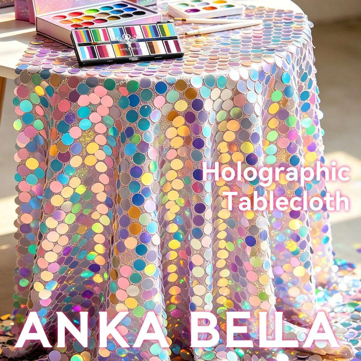Anka Bella holographic iridescent sequin tablecloth, mermaid scale rainbow table cover for face painting display and party decoration