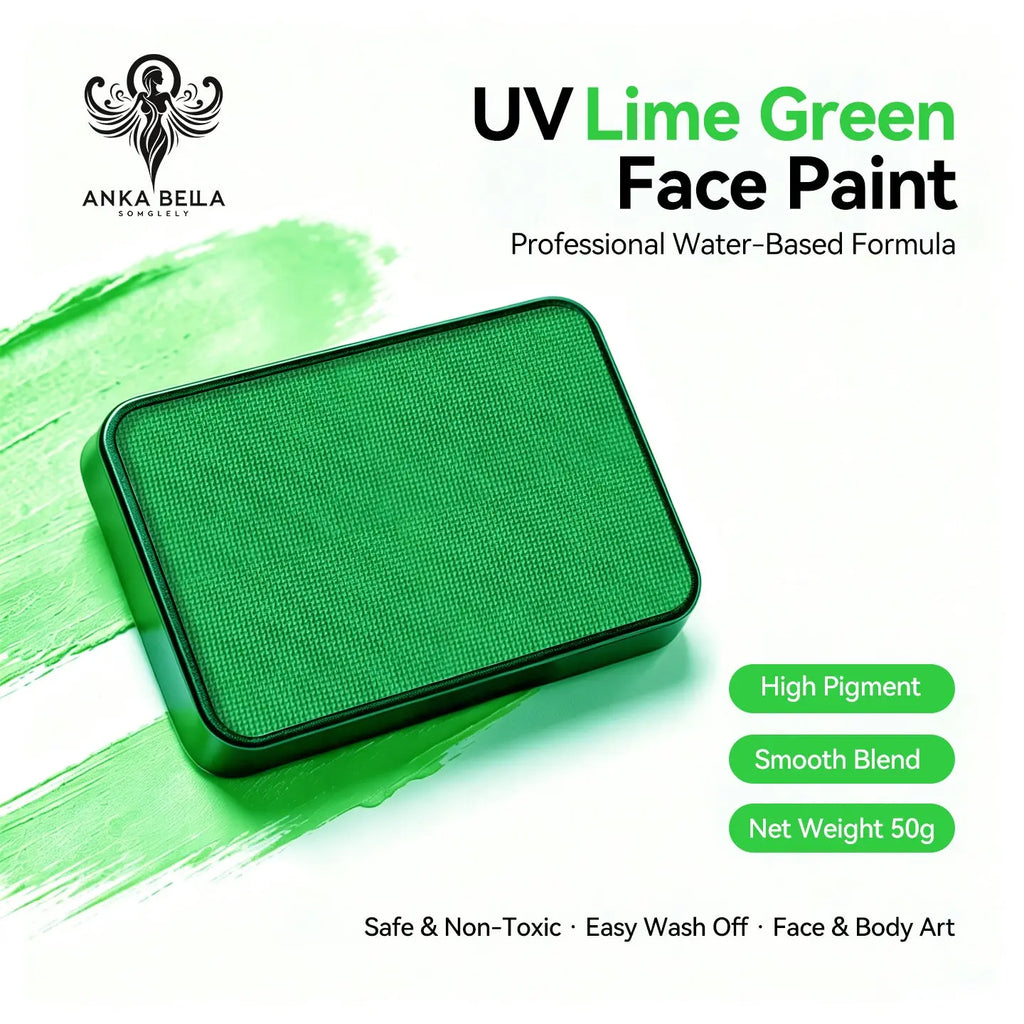 Anka Bella UV Lime Green solid face paint cake 50g, professional water-based high pigment neon lime green face and body art paint