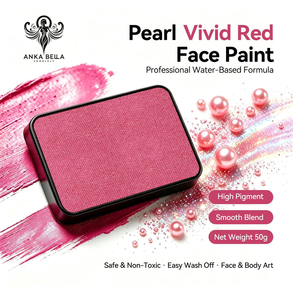 Anka Bella Pearl Vivid Red solid face paint cake 50g, professional water‑based high pigment shimmer luminous pearl red face and body art paint