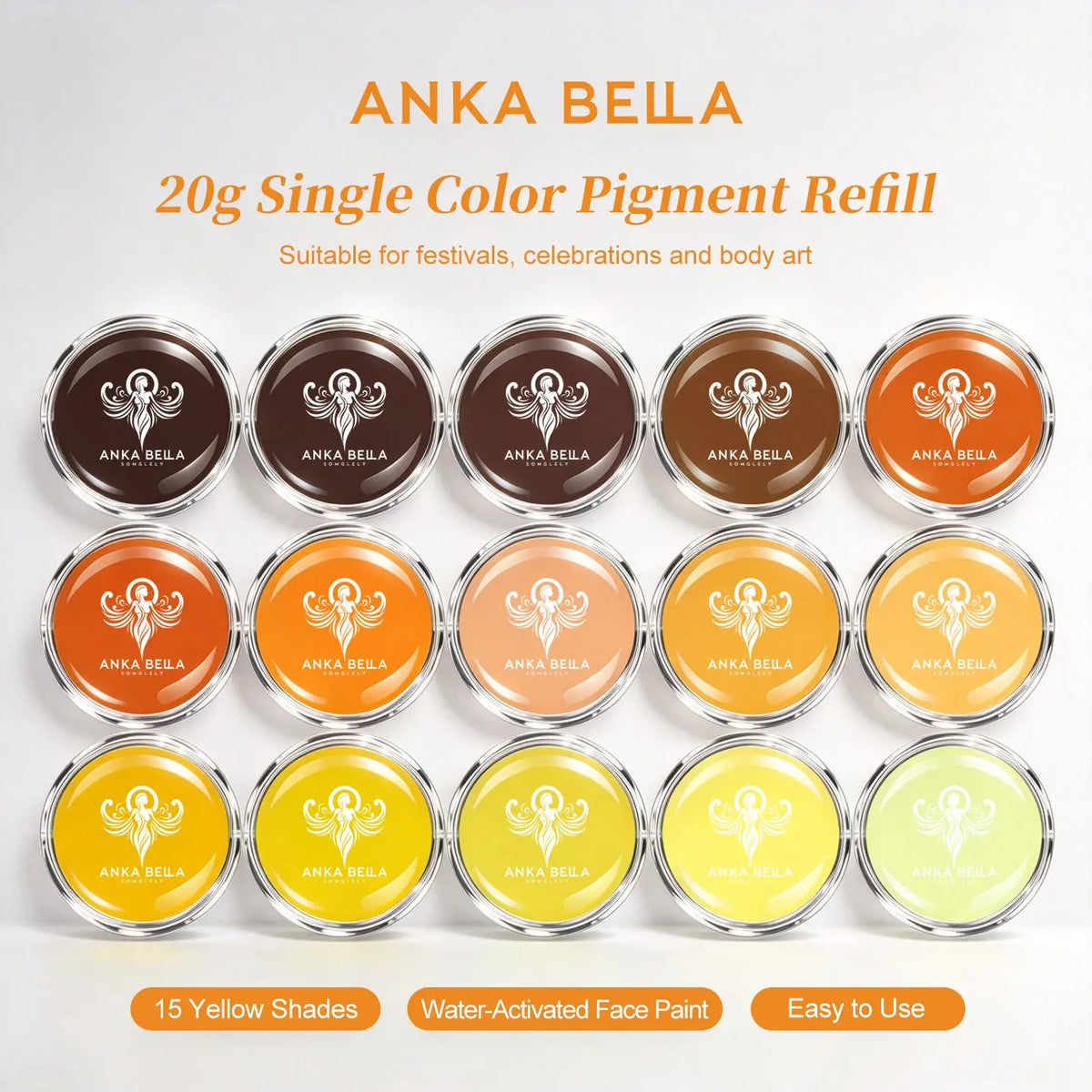 Anka Bella 20g single color yellow brown water activated face paint refill set