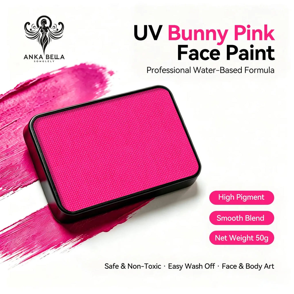 Anka Bella UV Bunny Pink solid face paint cake 50g, professional water-based high pigment neon bunny pink face and body art paint