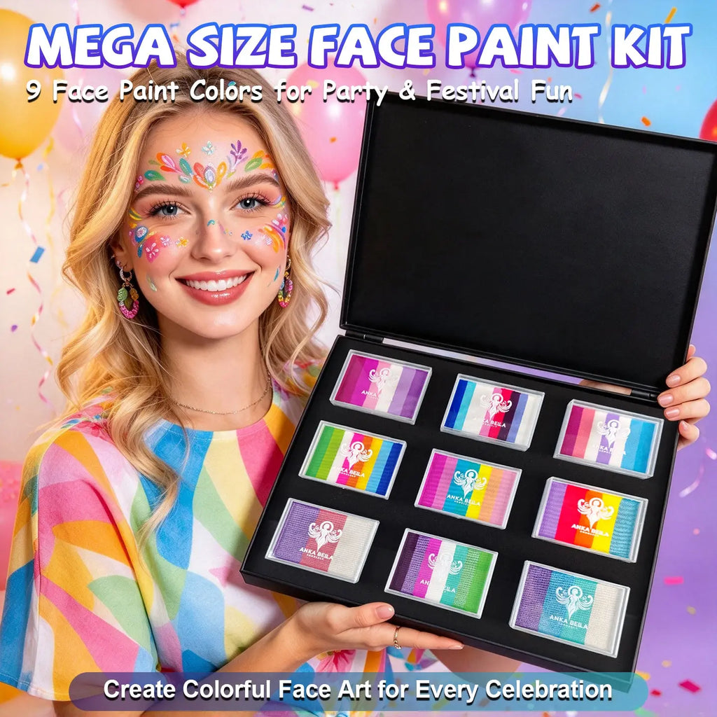 Anka Bella mega size split cake face paint set, colorful face art palette for festival and carnival