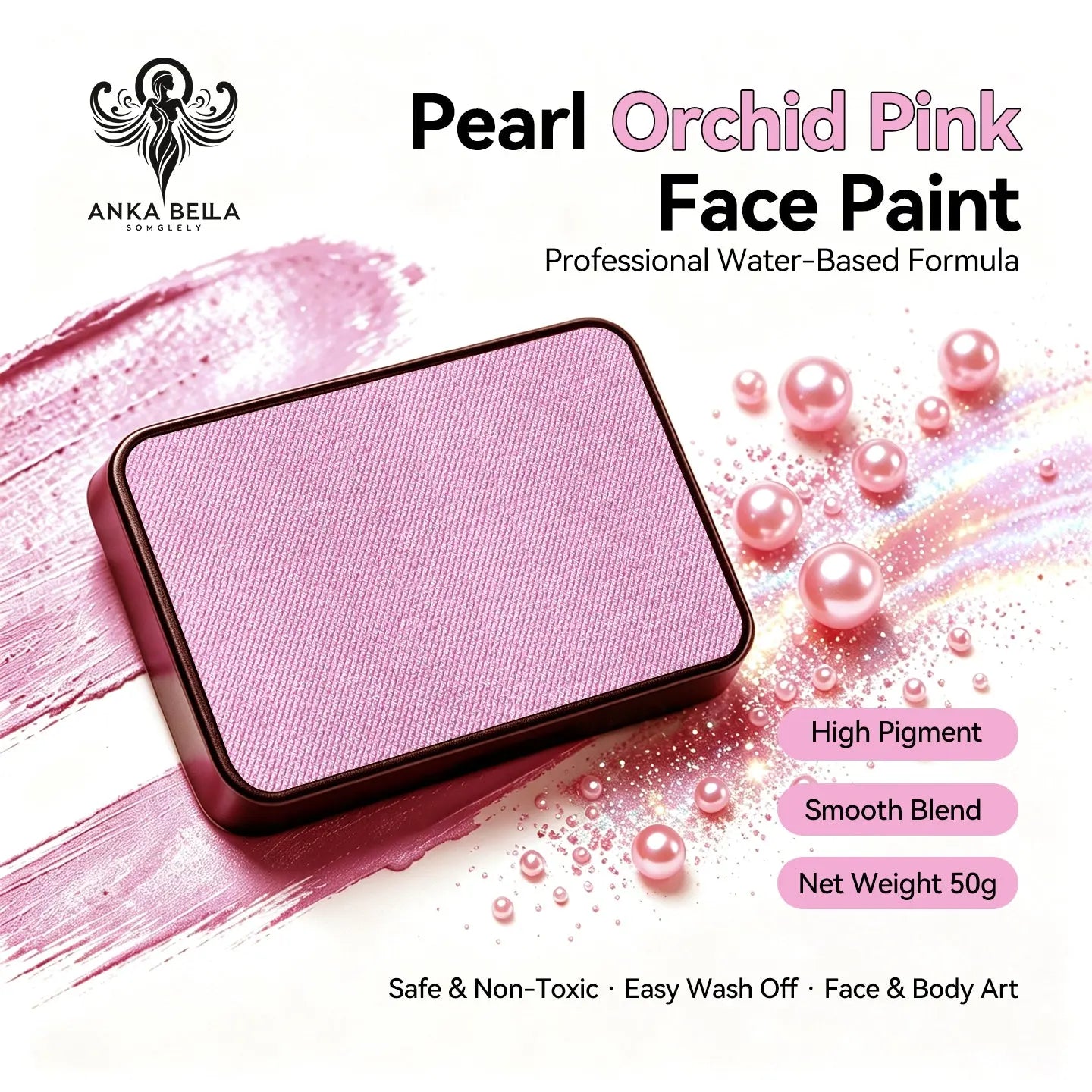 Anka Bella Pearl Orchid Pink solid face paint cake 50g, professional water-based high pigment shimmer soft orchid pink pearl face and body art paint
