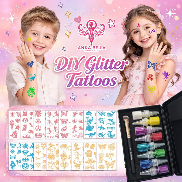 Anka Bella DIY Glitter Tattoos Kit for kids, temporary glitter body art set with stencils, glitter bottles and brush