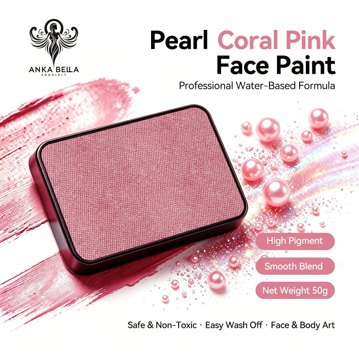 Anka Bella Pearl Coral Pink solid face paint cake 50g, professional water-based high pigment shimmer warm coral pink pearl face and body art paint