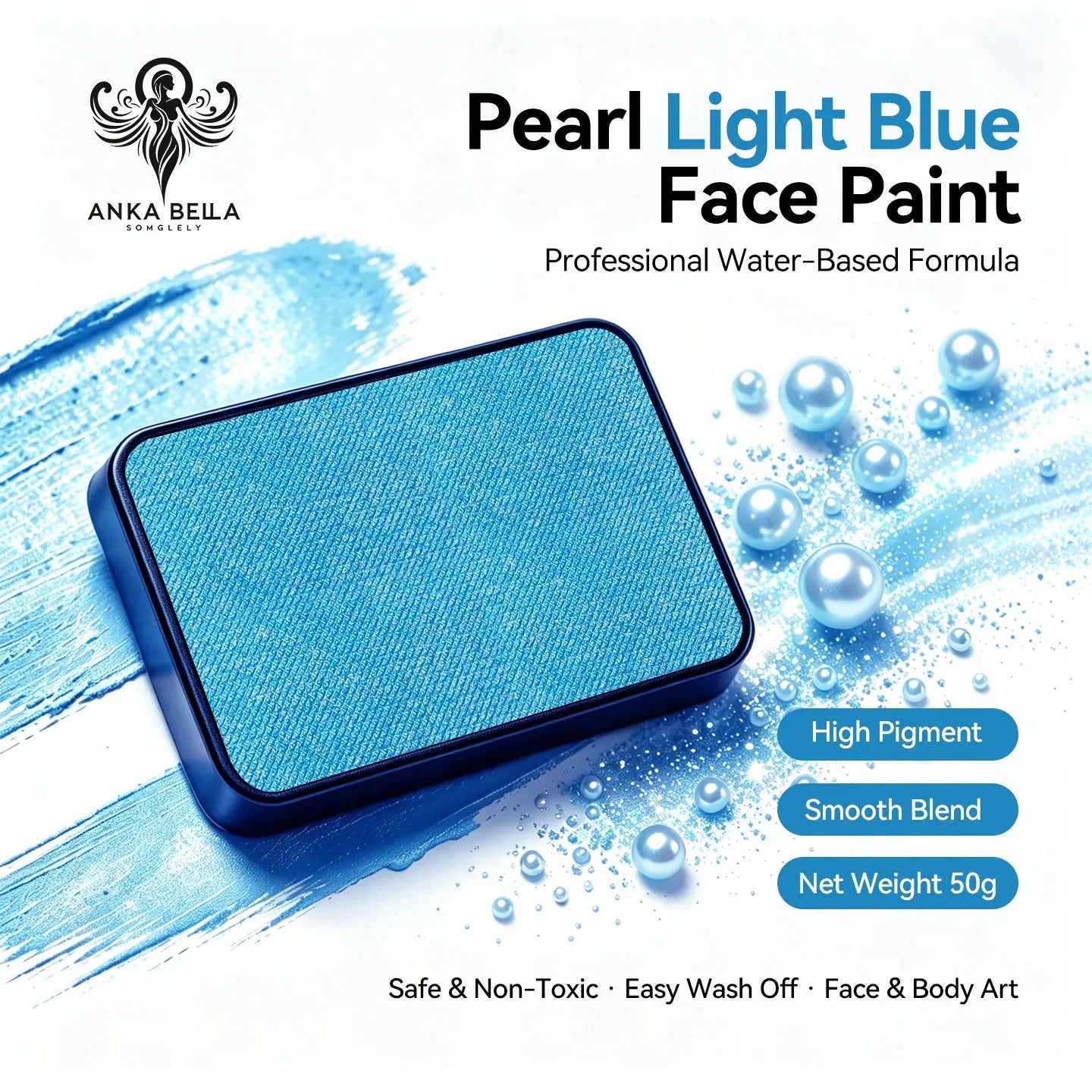 Anka Bella Pearl Light‑Blue solid face paint cake 50g water‑based professional face body art paint high pigment shimmer soft light blue pearl