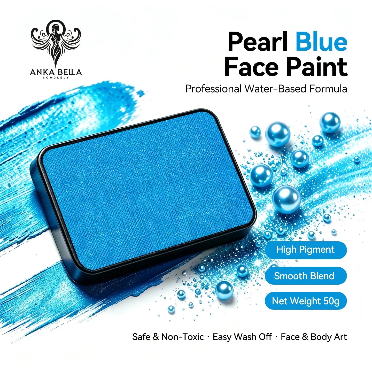 Anka Bella Pearl‑Blue solid face paint cake 50g water‑based professional face body art paint high pigment shimmer vibrant pearl blue