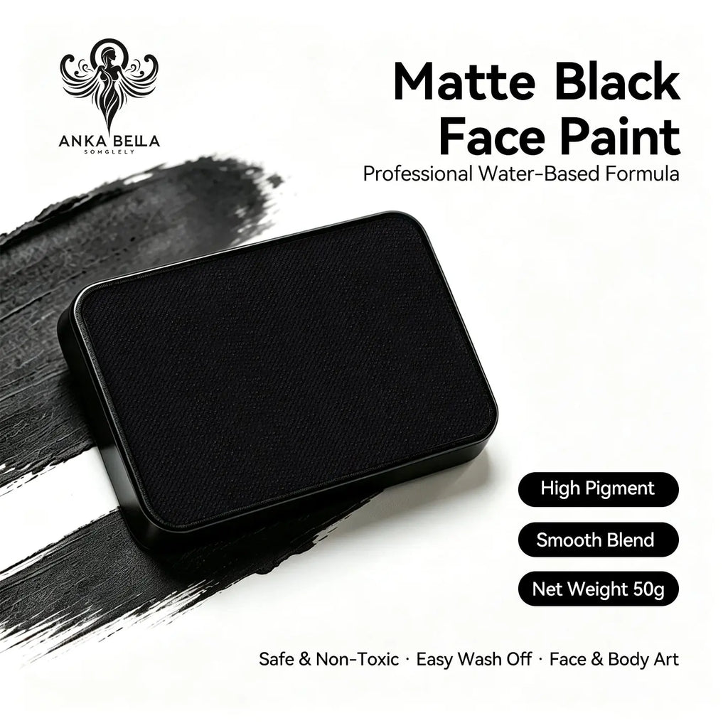 Anka Bella Matte Black solid face paint cake 50g, professional water‑based high pigment jet matte black face and body art paint