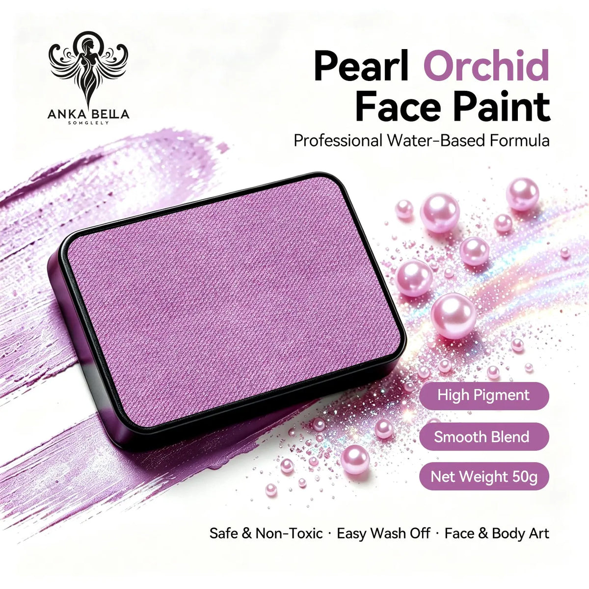 Anka Bella Pearl Orchid Solid Face Paint 50g, Water‑Based Shimmer Non‑Toxic Hypoallergenic Body Paint Cake for Professional Face Painters Halloween Festival Cosplay Anka Bella