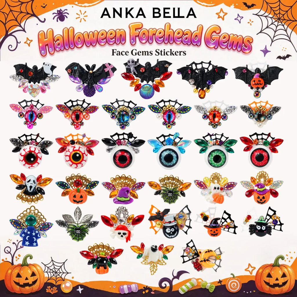 Anka Bella Halloween forehead gems mixed designs, pumpkin bat eyeball spider self adhesive face gems stickers