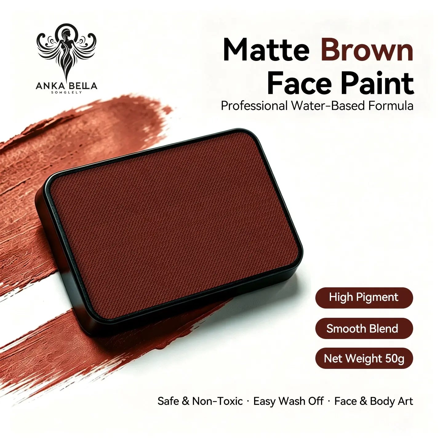 Anka Bella Matte Brown solid face paint cake 50g, professional water‑based high pigment earth matte brown face and body art paint