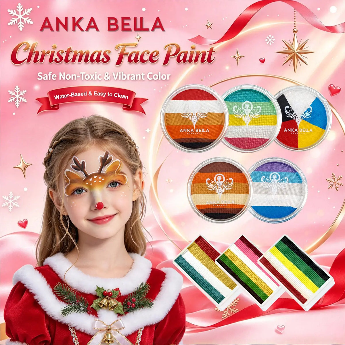 Anka Bella non-toxic Christmas face paint for kids, reindeer snowflake face makeup for holiday party
