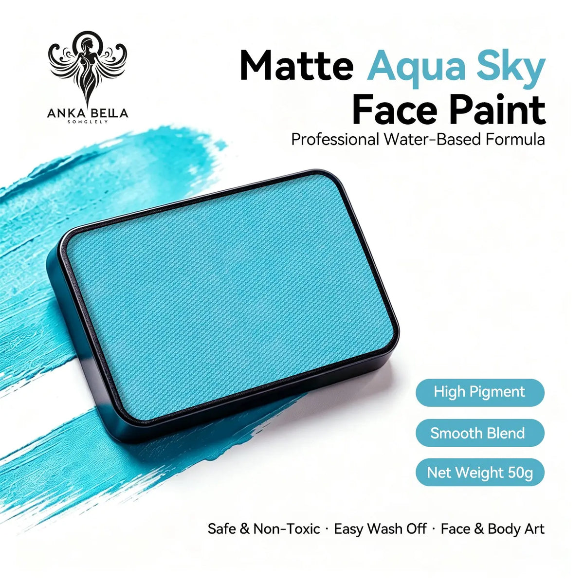 Anka Bella Matte Aqua Sky solid face paint cake 50g, professional water‑based high pigment bright turquoise aqua sky face and body art paint