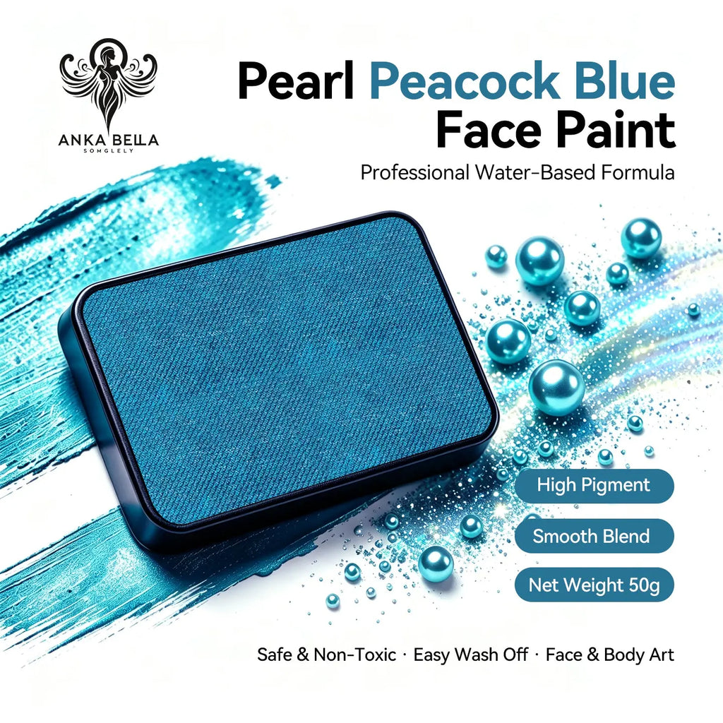 Anka Bella Pearl Peacock‑Blue solid face paint cake 50g water‑based professional face body art paint high pigment shimmer iridescent peacock blue pearl