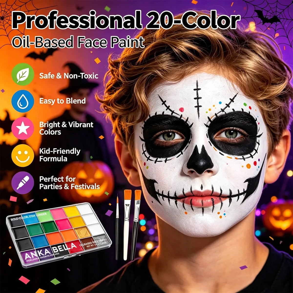 Anka Bella 20 colors oil-based face paint kit with 3 brushes, non-toxic high pigment Halloween face body makeup for kids adults
