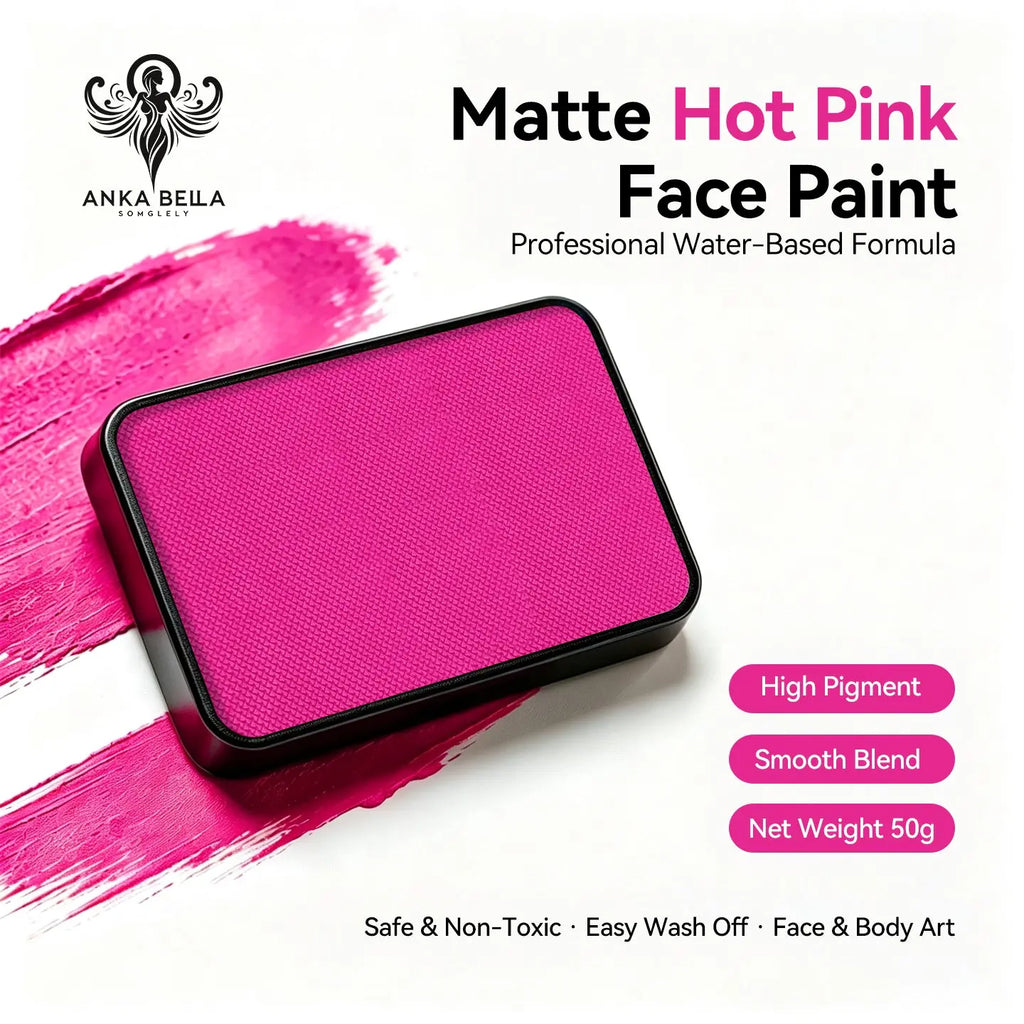 Anka Bella Matte Hot Pink solid face paint cake 50g, professional water‑based high pigment vibrant matte hot pink face and body art paint