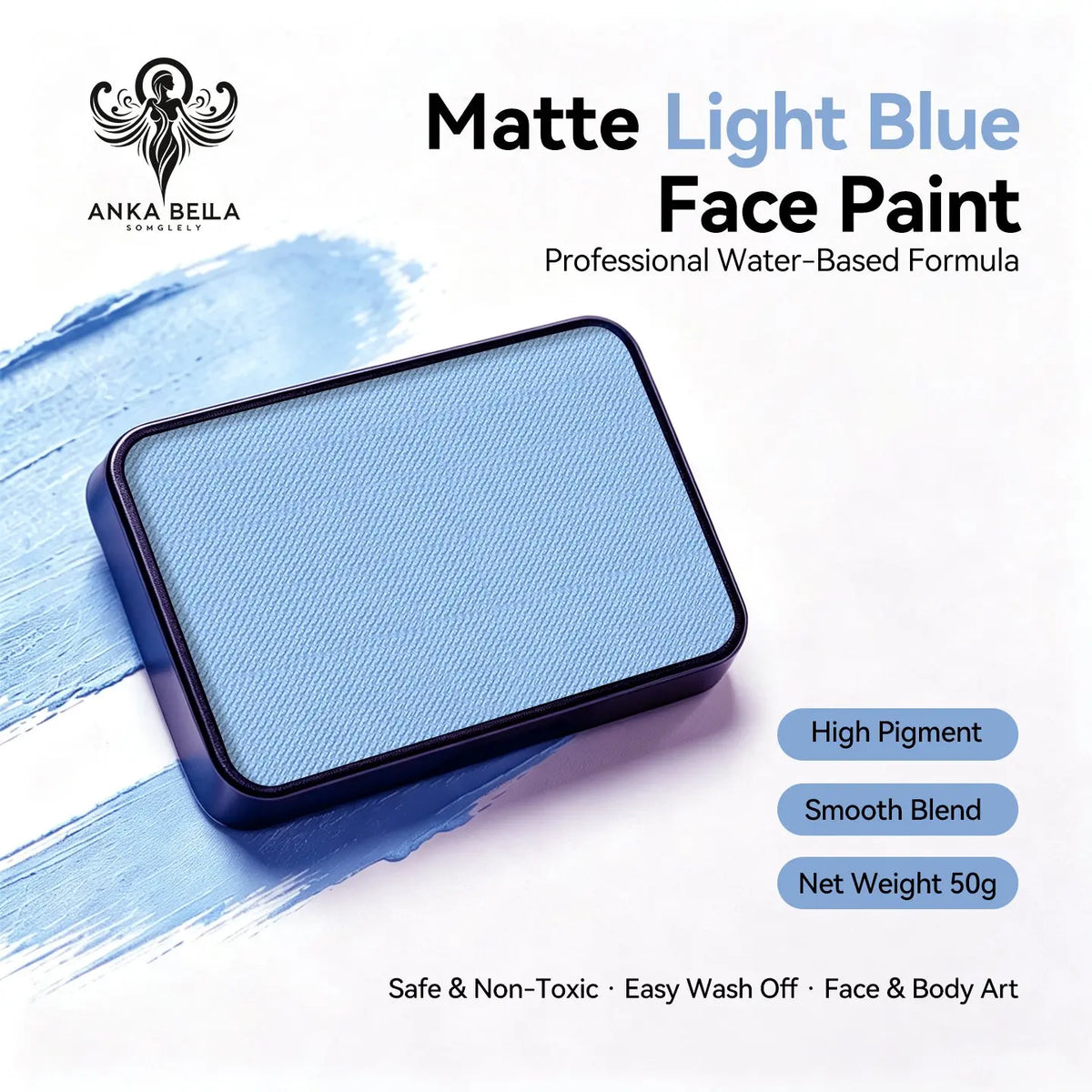 Anka Bella Matte Light Blue Face Paint 50g, Water‑Based High Pigment Non‑Toxic Hypoallergenic Body Paint Cake for Cosplay Halloween Carnival（副本） Anka Bella