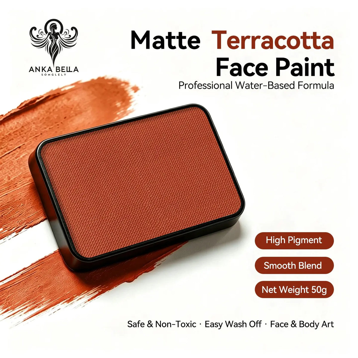 Anka Bella Matte Terracotta solid face paint cake 50g, professional water‑based high pigment earthy terracotta face and body art paint