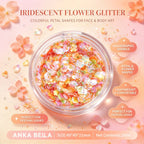 Anka Bella iridescent flower glitter jar, colorful petal sequins for face body festival makeup