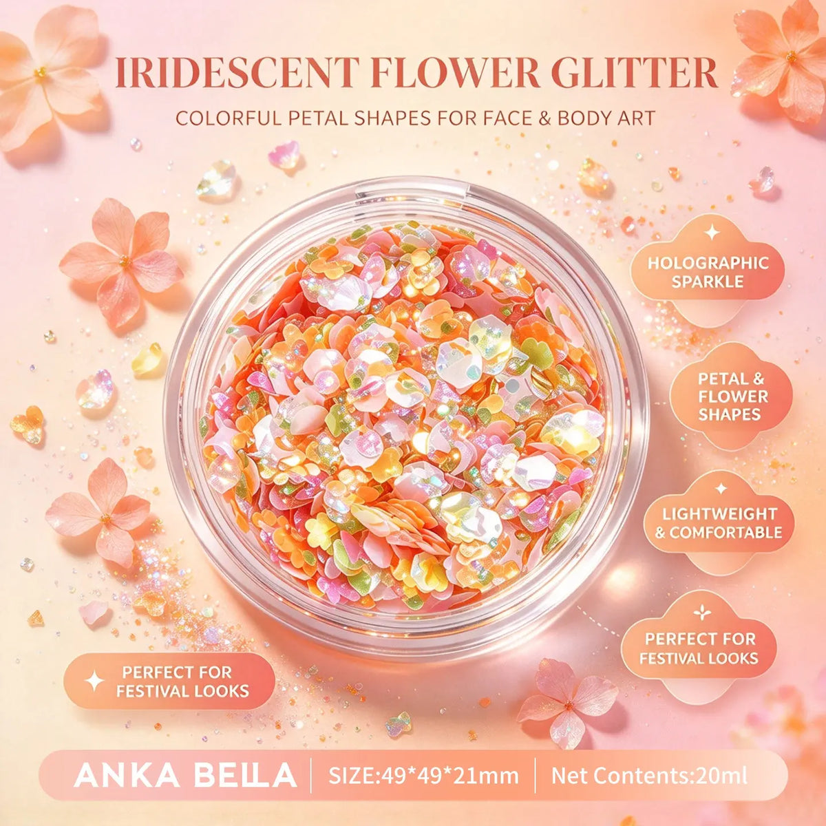 Anka Bella iridescent flower glitter jar, colorful petal sequins for face body festival makeup