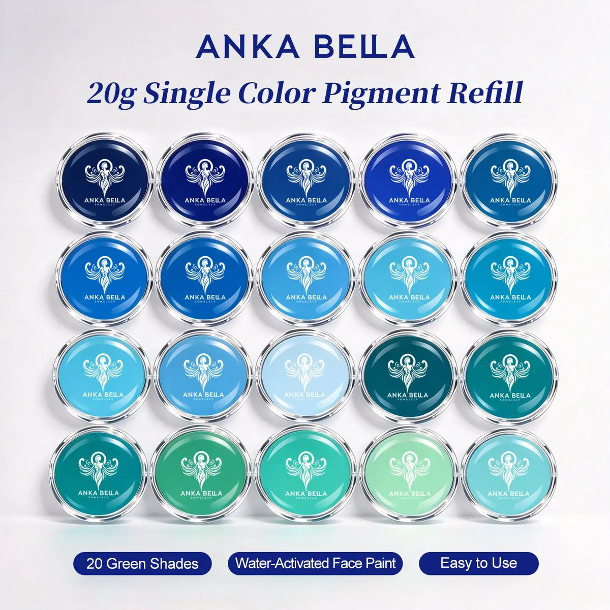 Anka Bella 20g single color pigment refill palette, 20 green blue shades water activated face paint