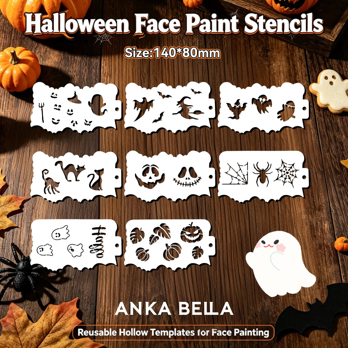 Set of 8 Anka Bella reusable Halloween face painting stencils, pumpkin spider ghost cat hollow templates