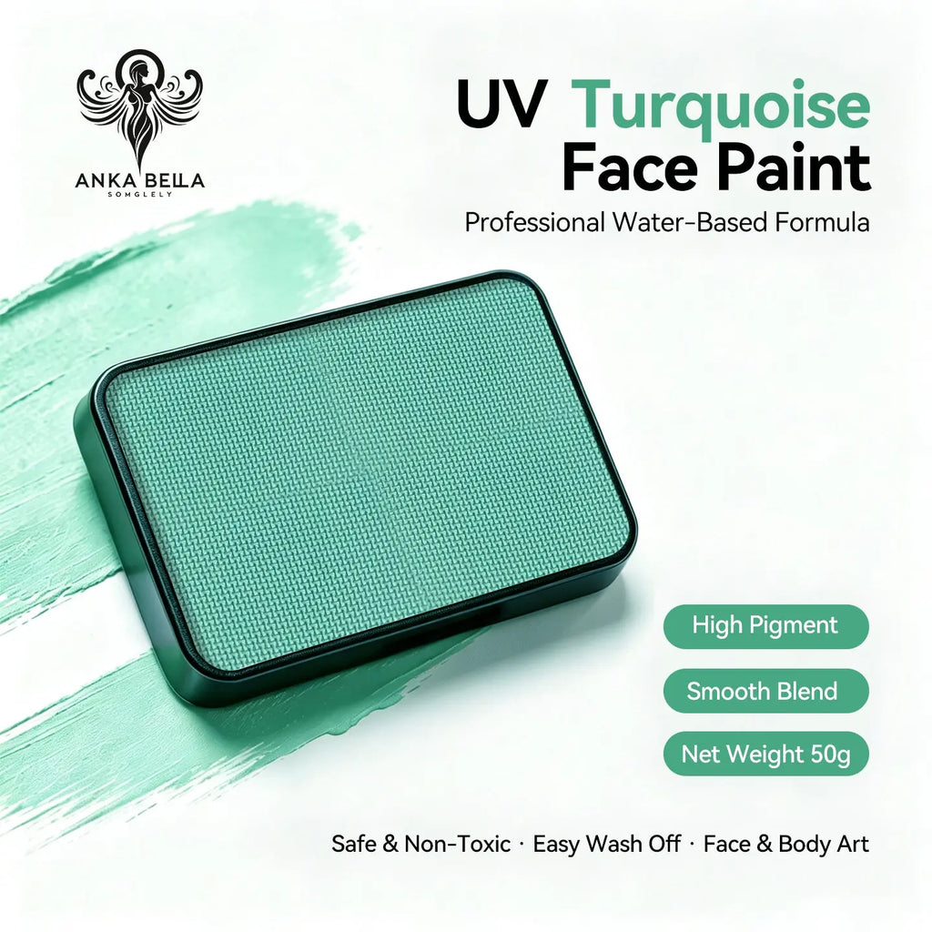 Anka Bella UV Turquoise solid face paint cake 50g, professional water-based high pigment neon turquoise face and body art paint