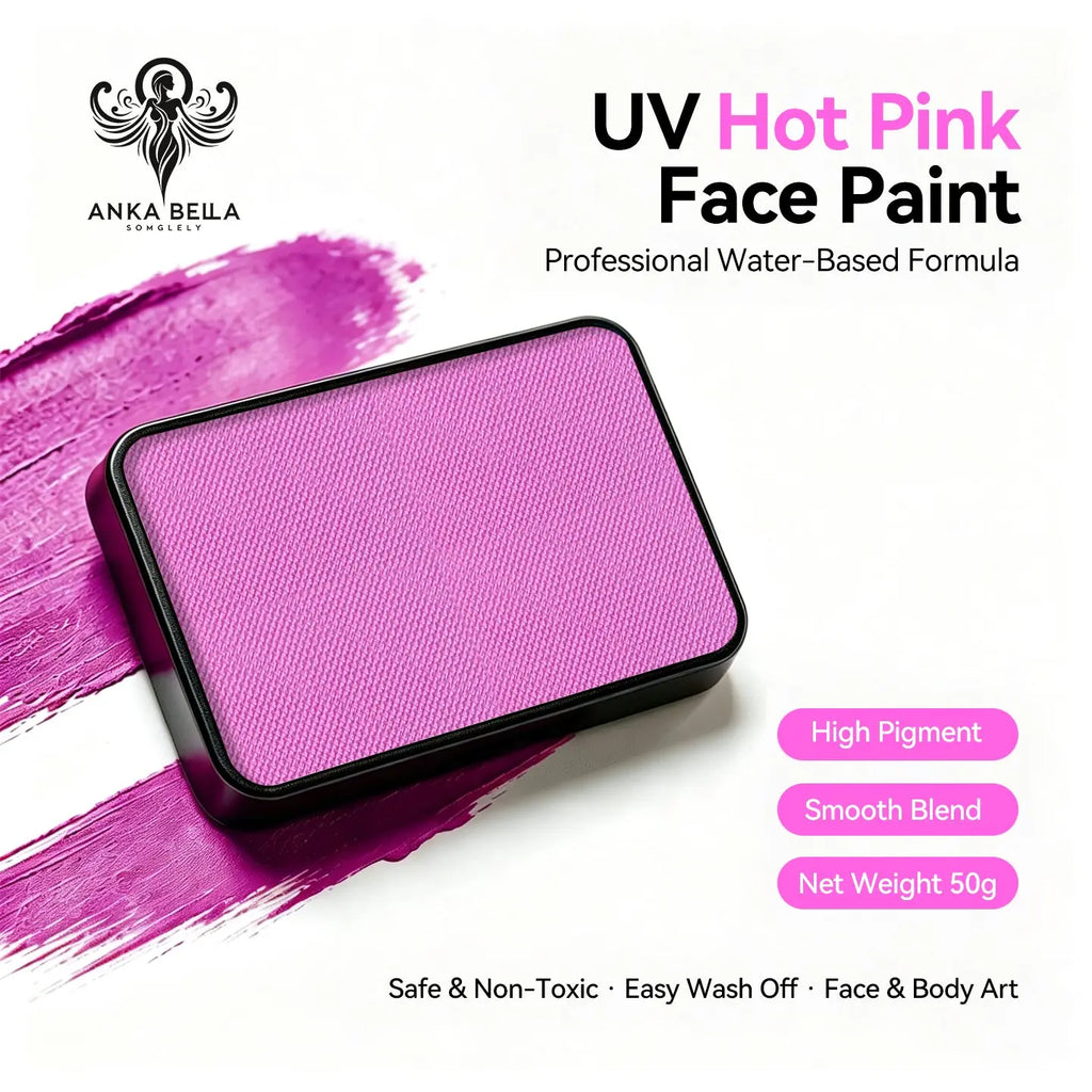Anka Bella UV Hot Pink solid face paint cake 50g, professional water-based high pigment neon hot pink face and body art paint