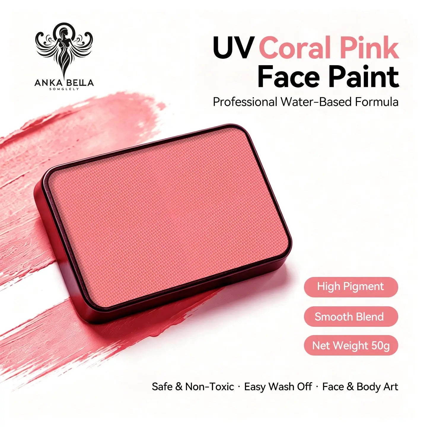 Anka Bella UV Coral‑Pink solid face paint cake 50g water‑based professional face body art paint