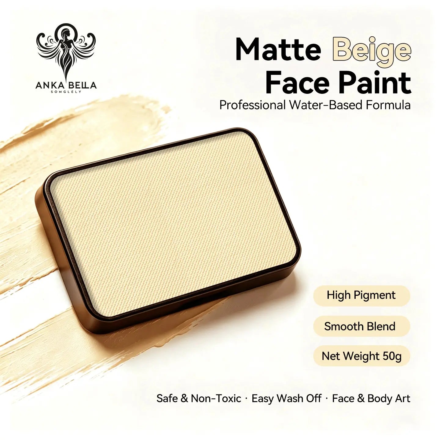 Anka Bella Matte Beige solid face paint cake 50g, professional water‑based high pigment neutral beige face and body art paint