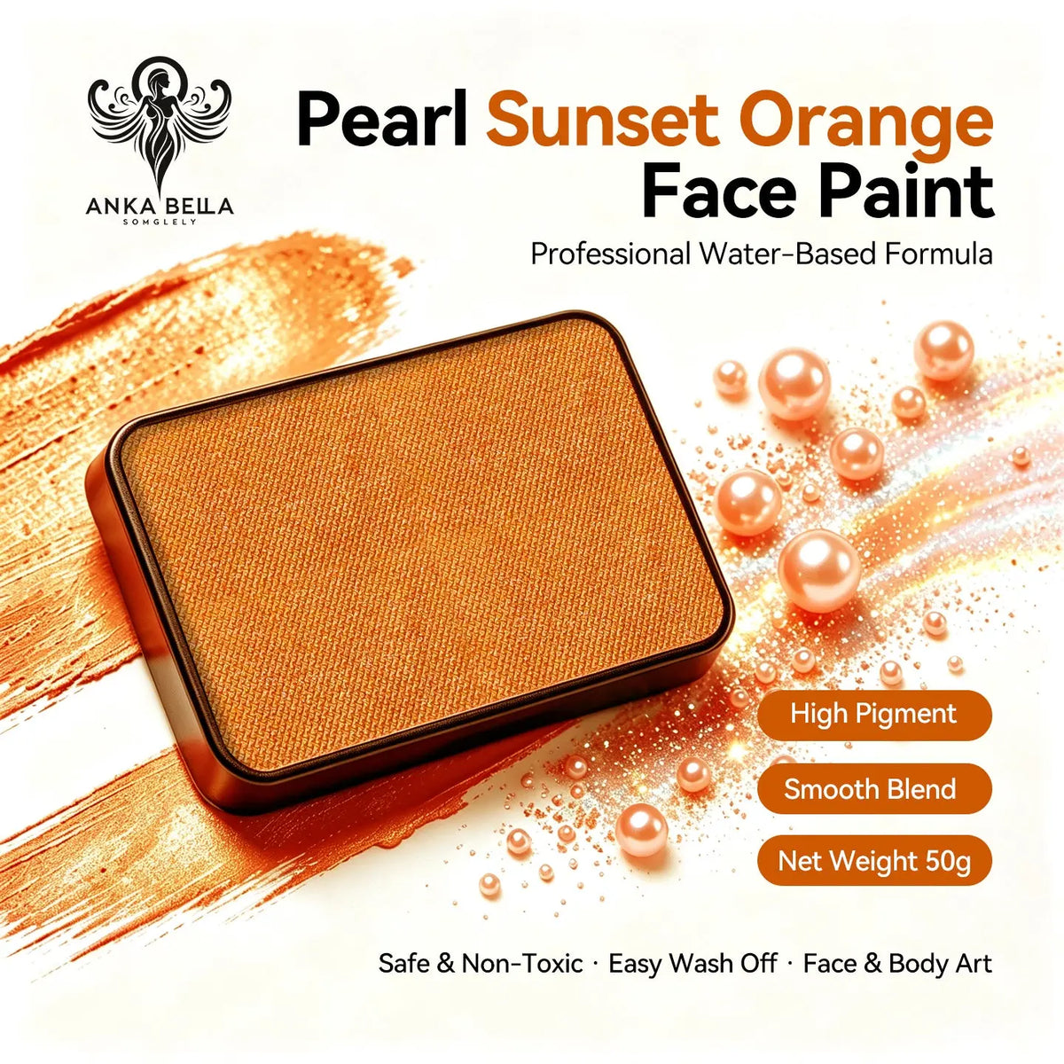 Anka Bella Pearl Sunset‑Orange solid face paint cake 50g water‑based professional face body art paint high pigment shimmer warm sunset orange pearl