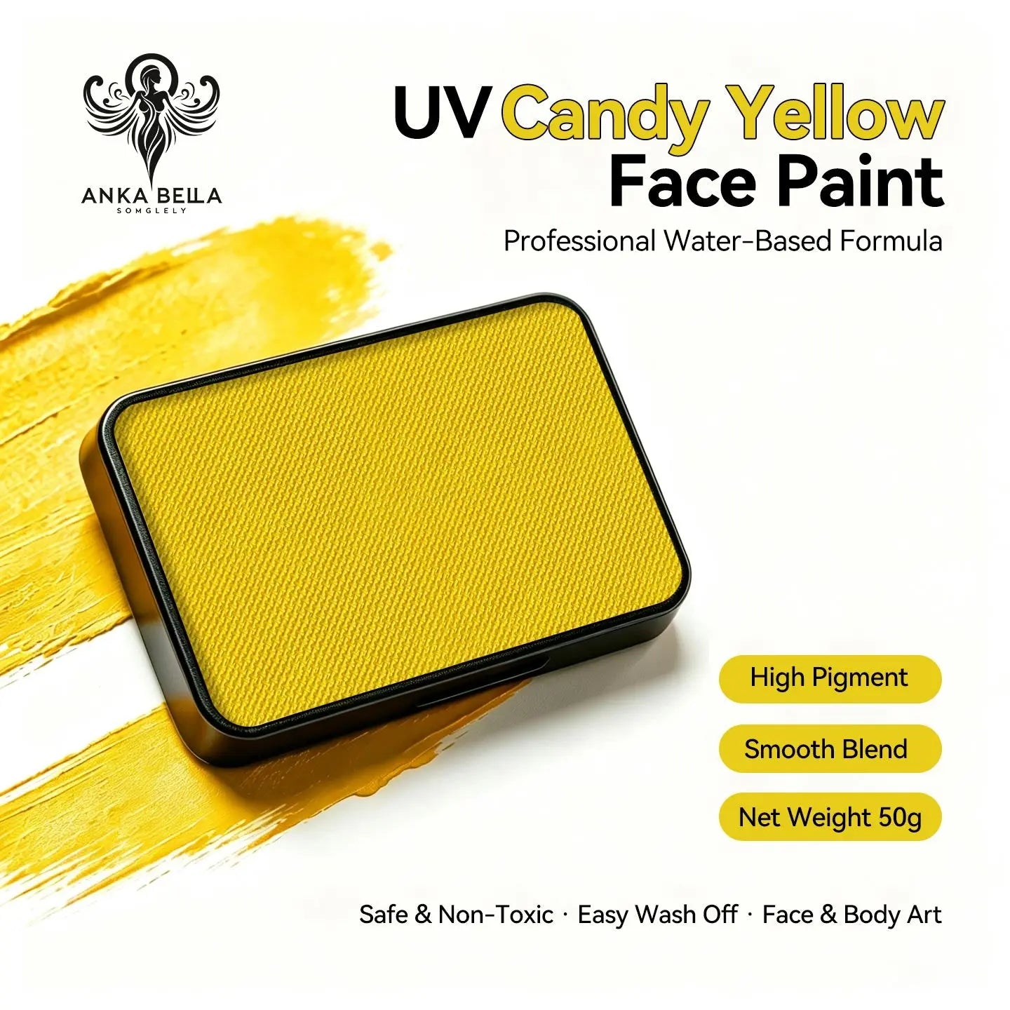 Anka Bella UV Candy Yellow solid face paint cake 50g, professional water-based high pigment face and body art paint
